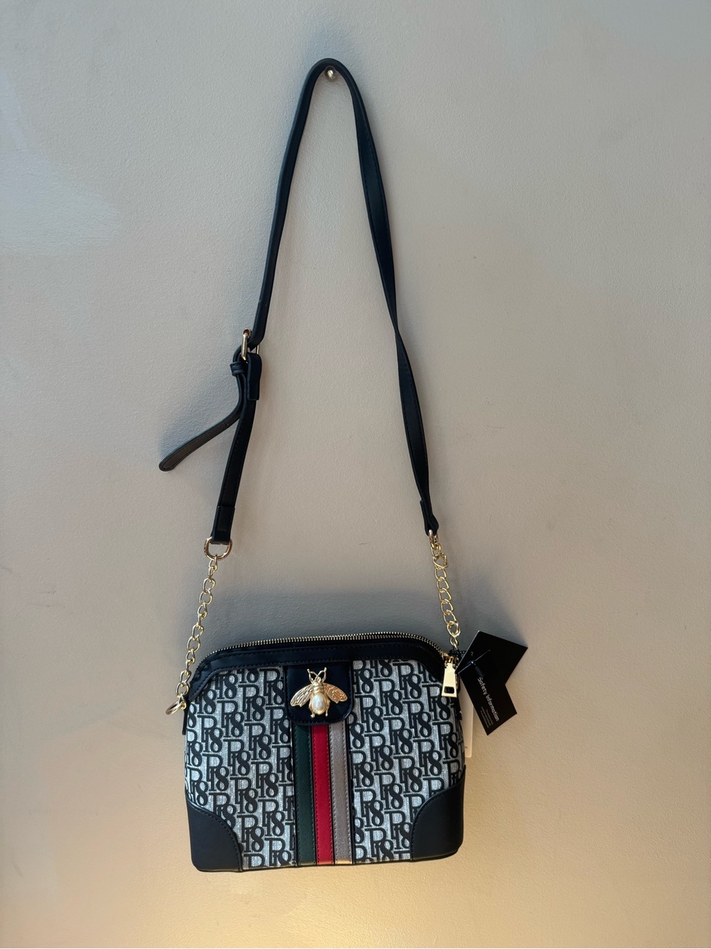 Designer-Inspired Black & White Patterned Crossbody Bag w/Bee Accent and Wallet